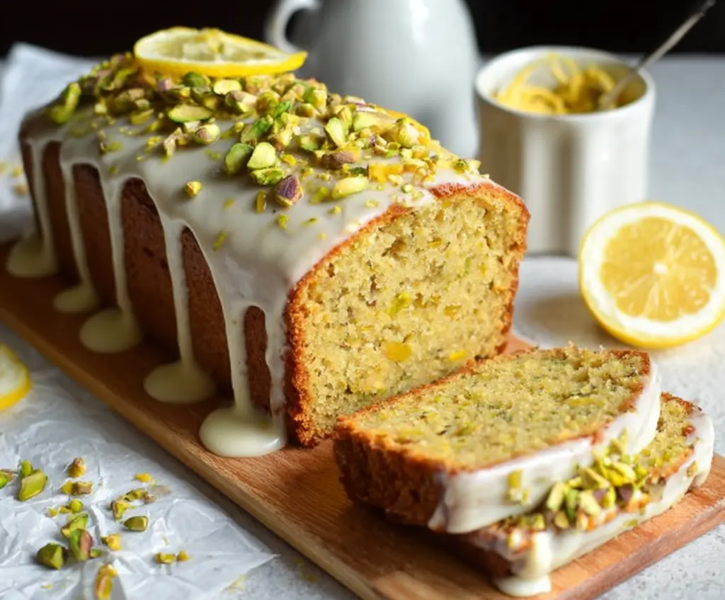Delicious Pistachio Lemon Pound Cake with vibrant lemon glaze and chopped pistachios on top.