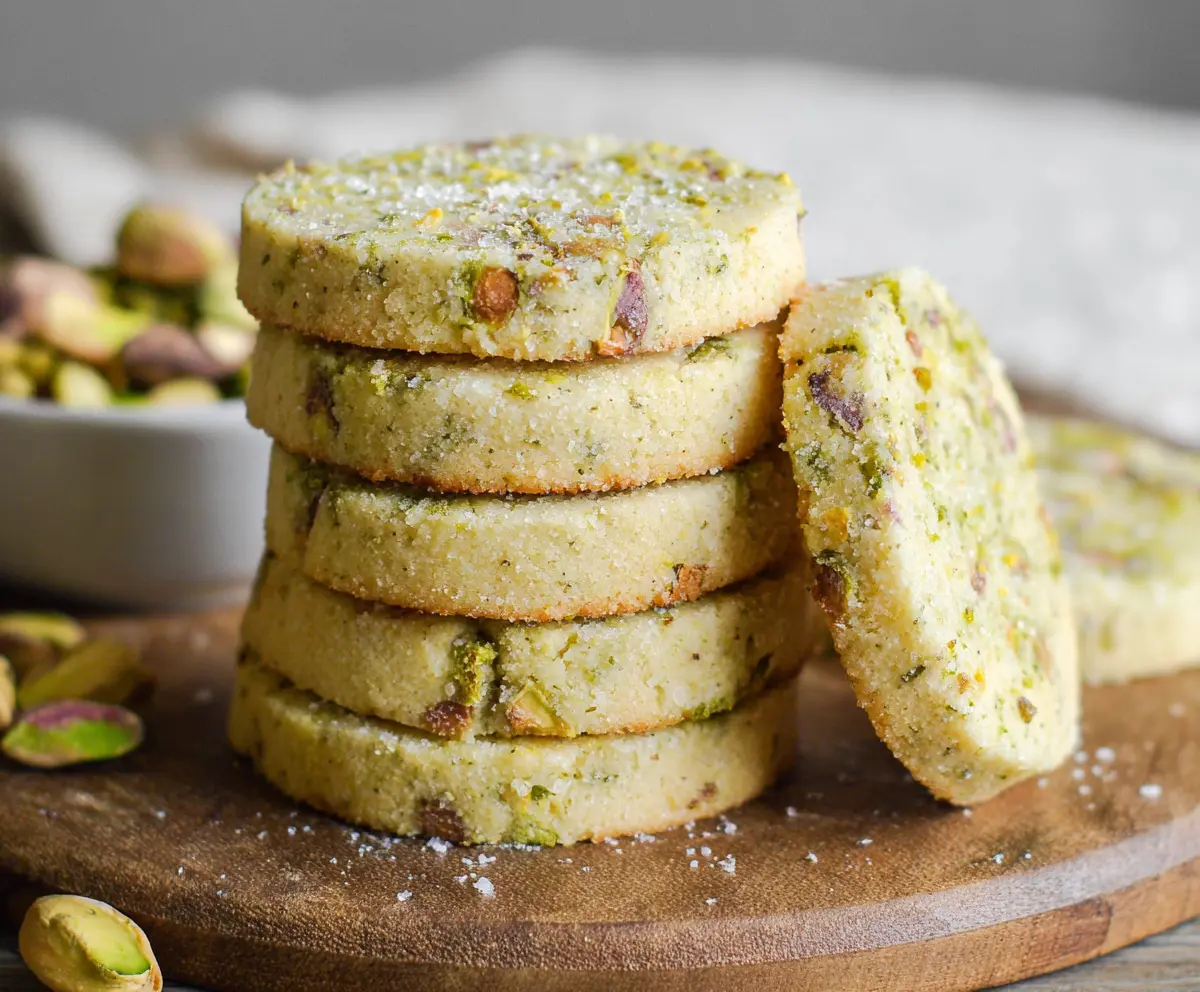 Delicious homemade pistachio shortbread cookies with a buttery texture and vibrant green pistachio bits.