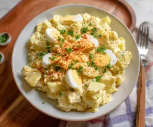 Creamy potato salad with fresh herbs and vegetables, perfect for summer picnics.