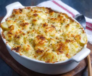Delicious Potatoes Romanoff with cheese and herbs served in a white bowl
