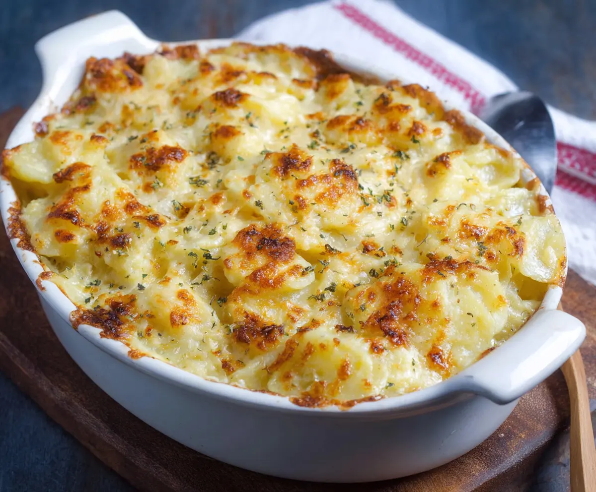 Delicious Potatoes Romanoff with cheese and herbs served in a white bowl
