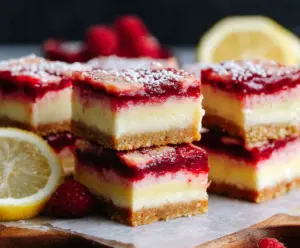 Delicious Raspberry Lemon Cheesecake Bars with fresh fruit and a creamy texture.