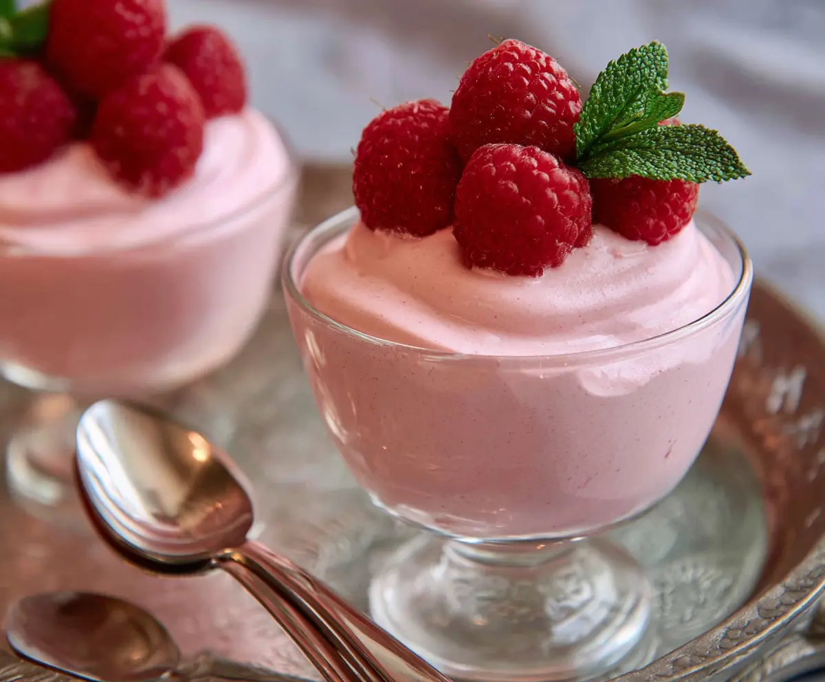 Delicious raspberry mousse dessert with creamy texture and fresh raspberries on top