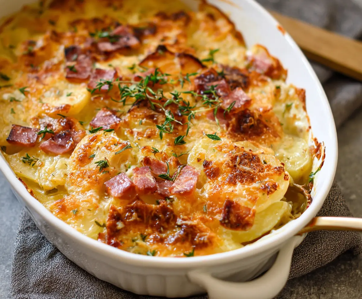 Delicious scalloped potatoes with ham, perfect for a comforting meal.