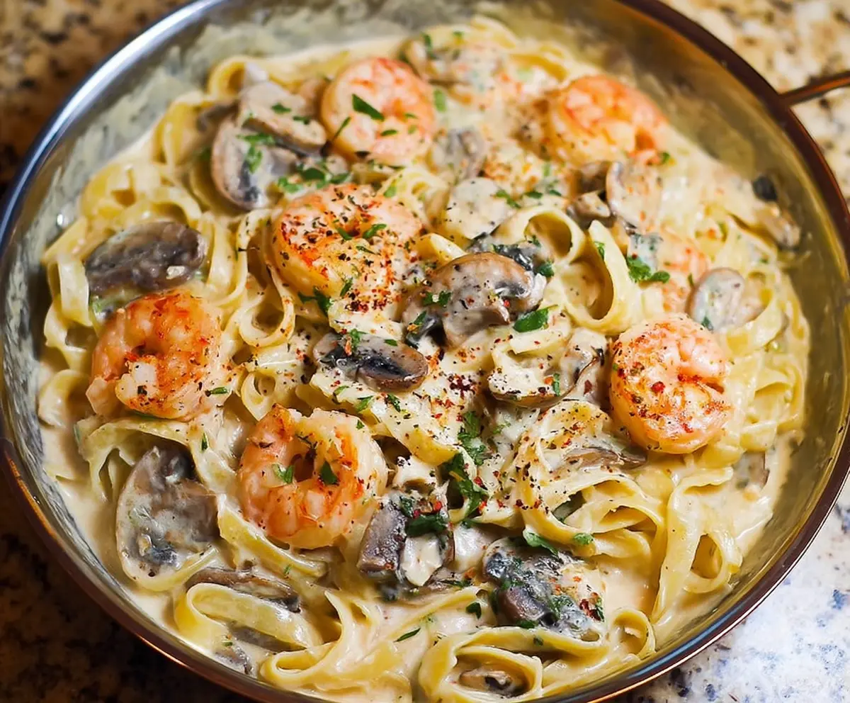 Creamy Shrimp Alfredo Pasta with Mushrooms and Fresh Herbs