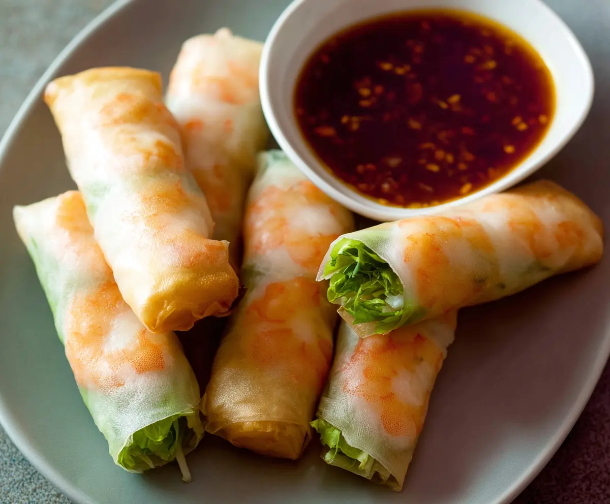 Delicious shrimp and pork spring rolls with fresh herbs and rice paper.