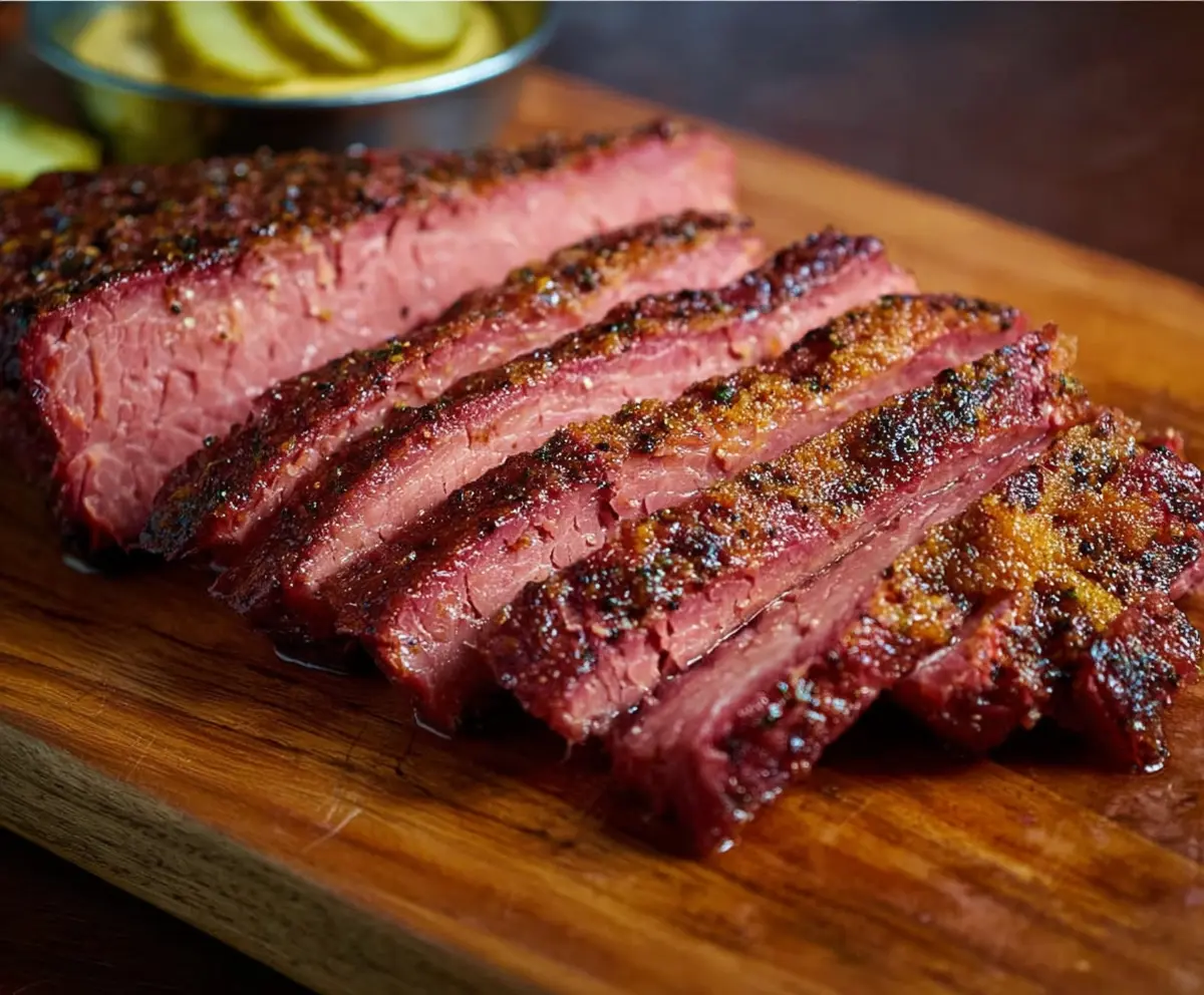 Delicious smoked corned beef on a cutting board, ready to serve with herbs.