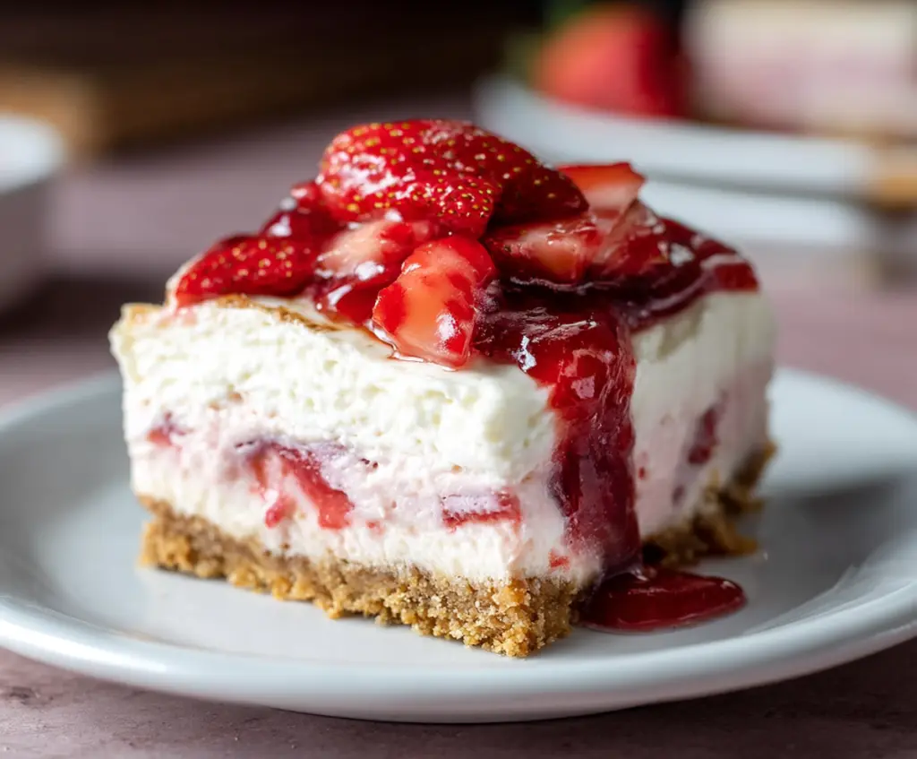 Delicious strawberry cheesecake bars with a creamy texture and fresh strawberry topping