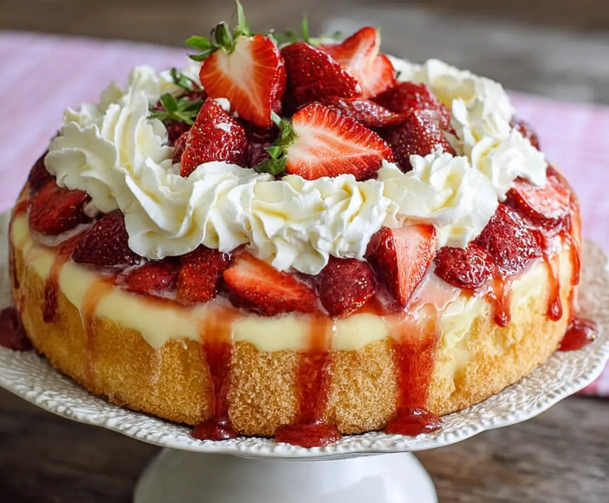Delicious Strawberry Custard Cake with fresh strawberries and creamy custard layers