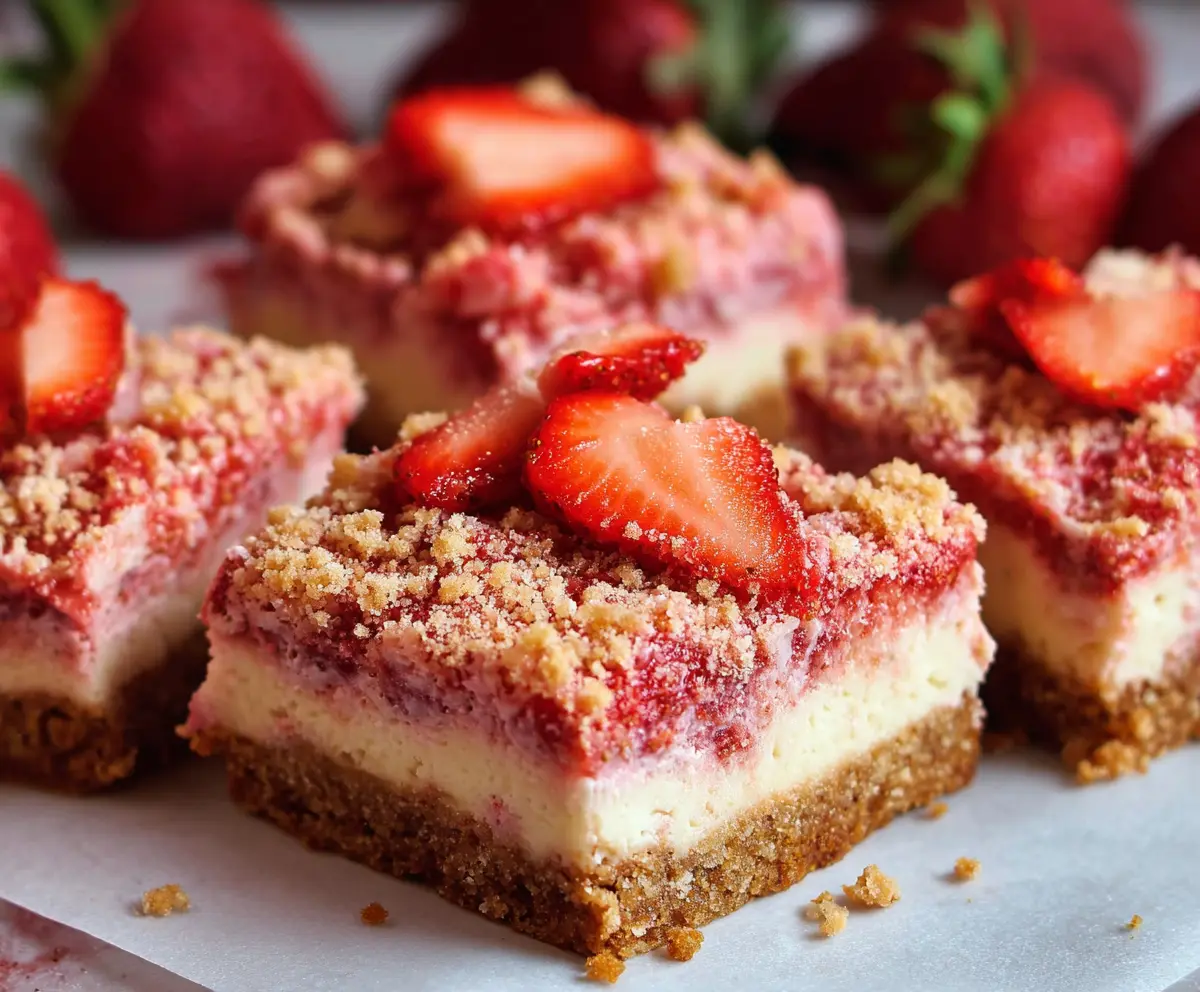 Delicious strawberry shortcake cheesecake bars with fresh strawberries and creamy cheesecake on a crumbly crust.