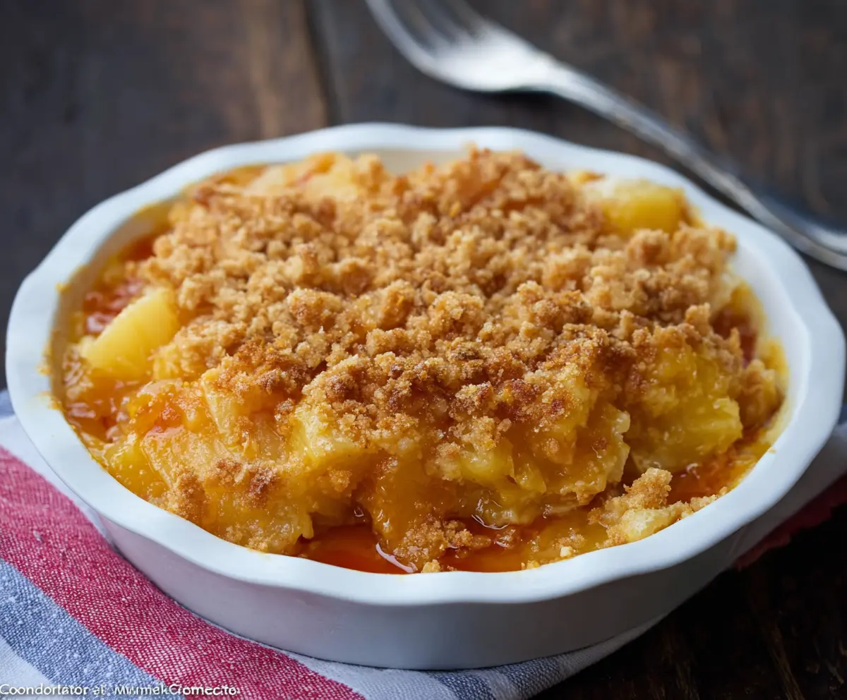 Delicious sweet and sour pineapple casserole topped with golden breadcrumbs and fresh pineapple slices.