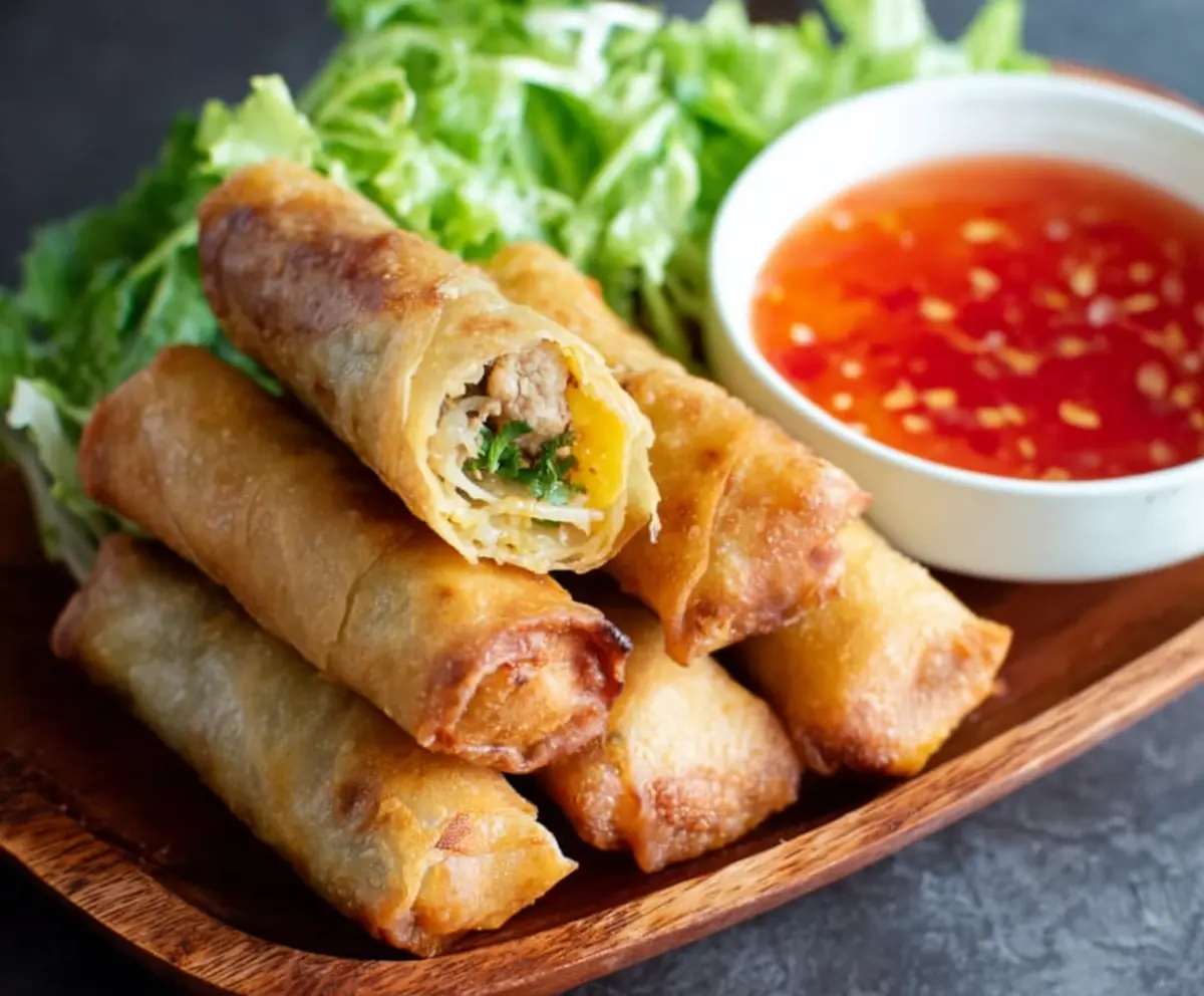 Delicious Thai chicken spring rolls served with sweet chili sauce on a plate