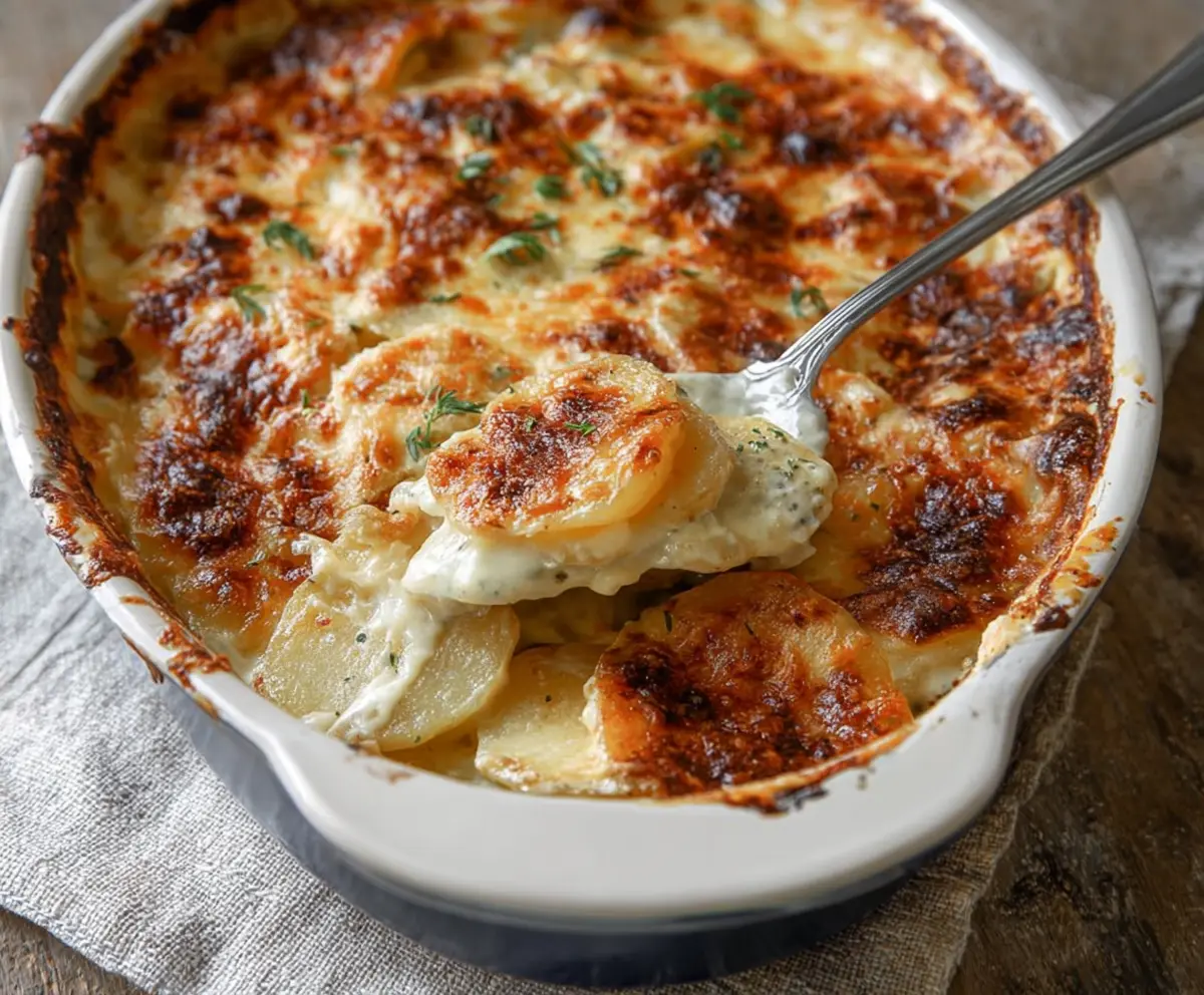 Delicious three cheese scalloped potatoes baked to perfection with melted cheese and crispy edges.