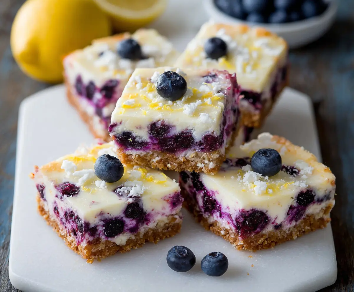 Delicious Blueberry Lemon Cheesecake Bars with fresh blueberries and zesty lemon topping.