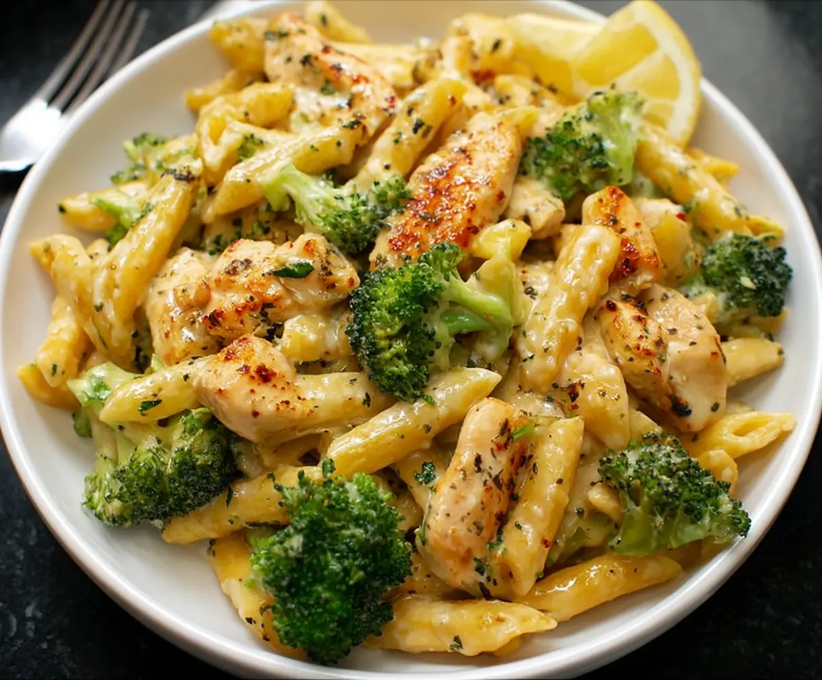 Delicious broccoli and chicken penne pasta served in a white bowl garnished with herbs.