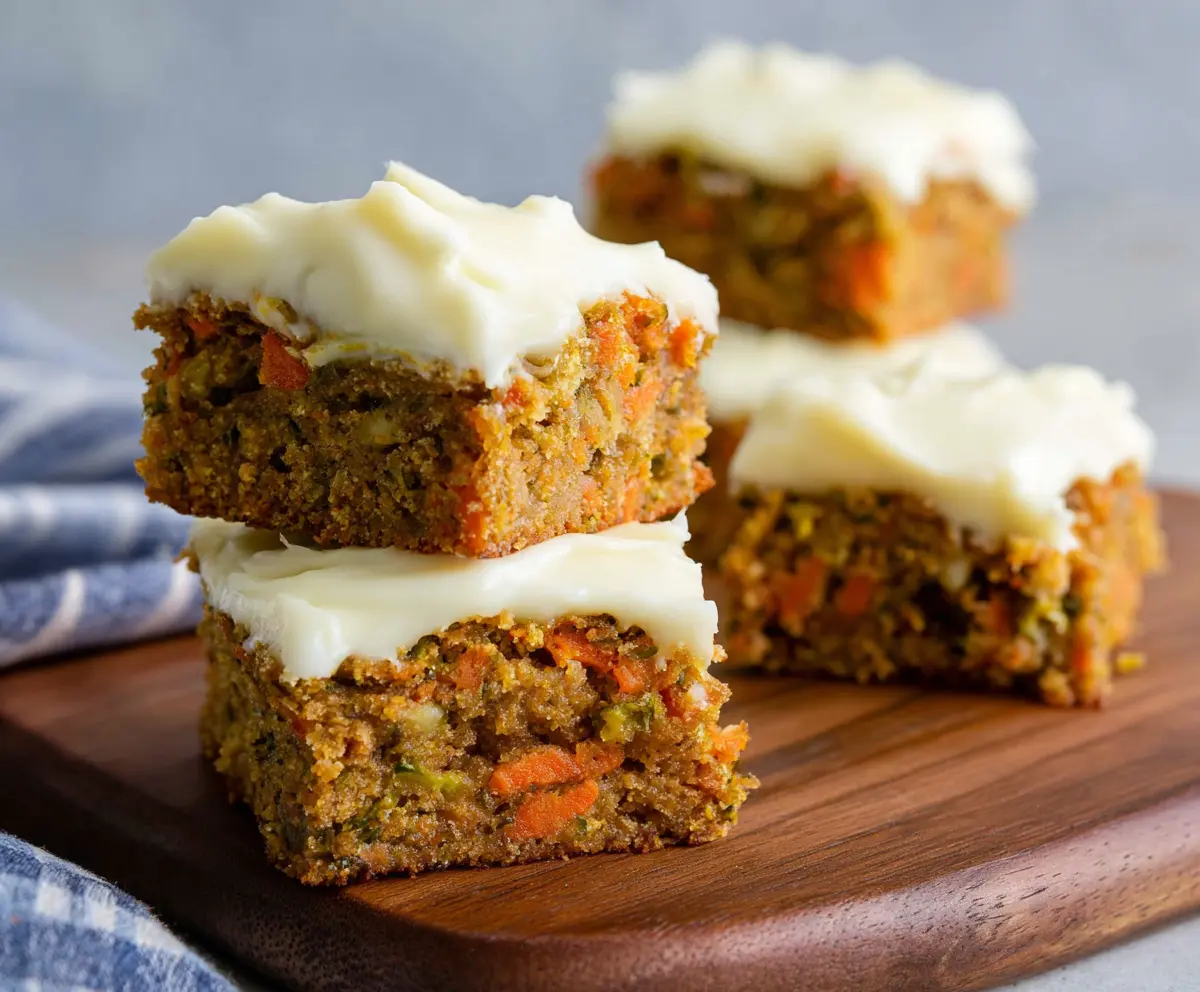 Delicious carrot and zucchini bars topped with creamy citrus cream cheese frosting, perfect for a healthy dessert.