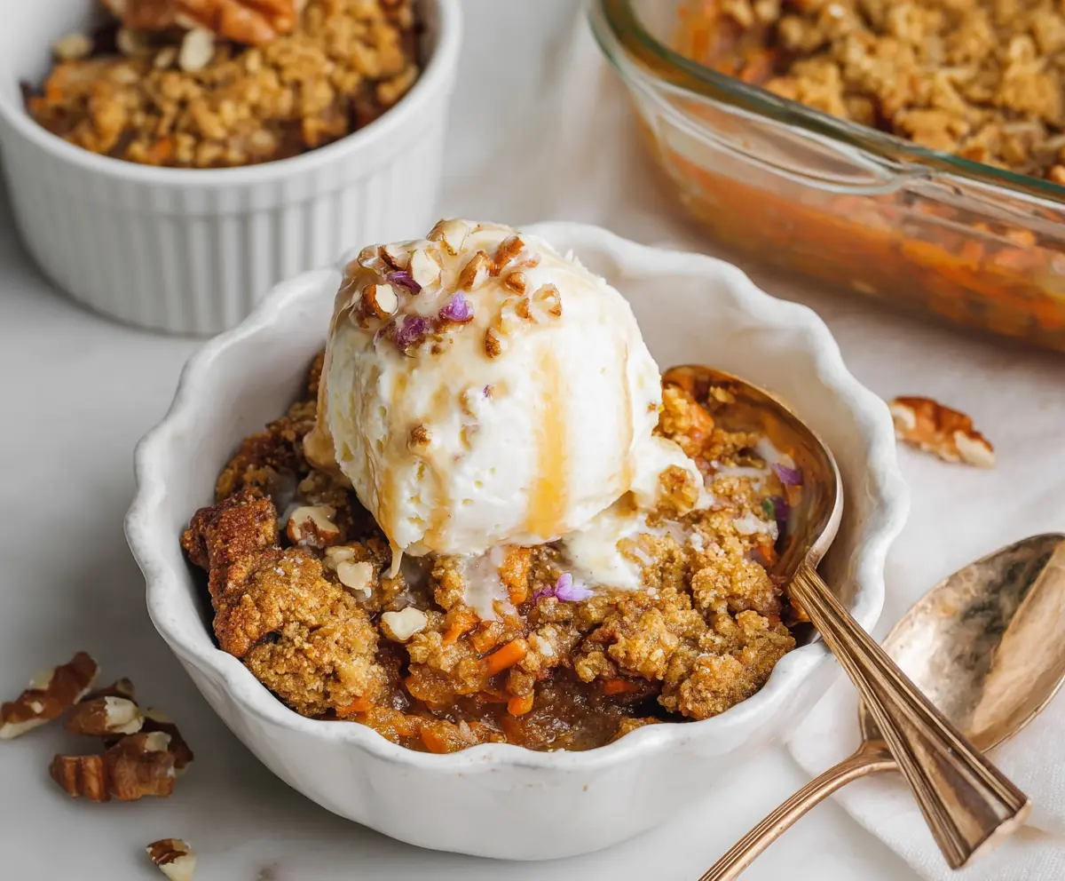Delicious carrot cake cobbler with a golden-brown crust and sweet shredded carrots.