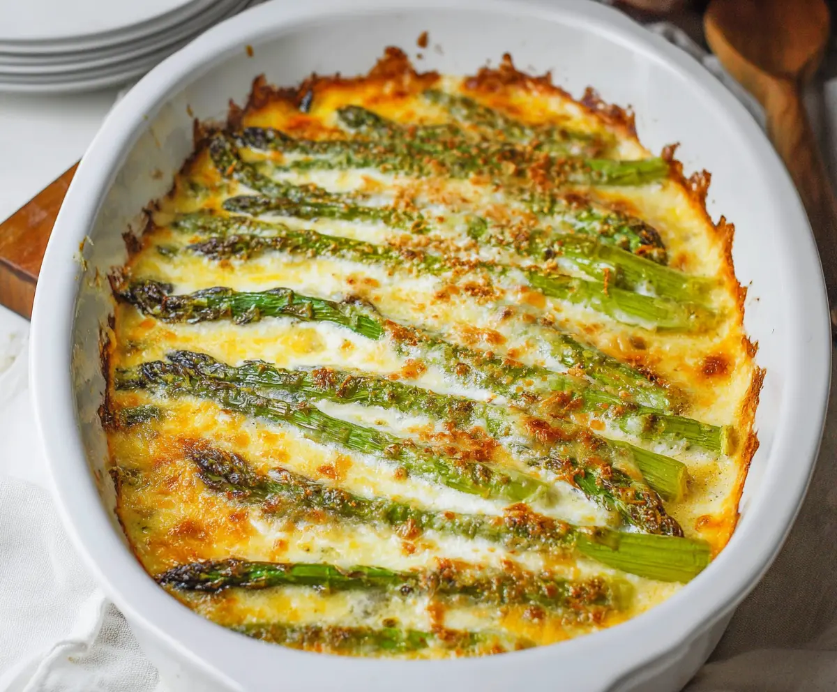 Delicious Cheesy Asparagus Bake with melted cheese and fresh asparagus, perfect for healthy meals.