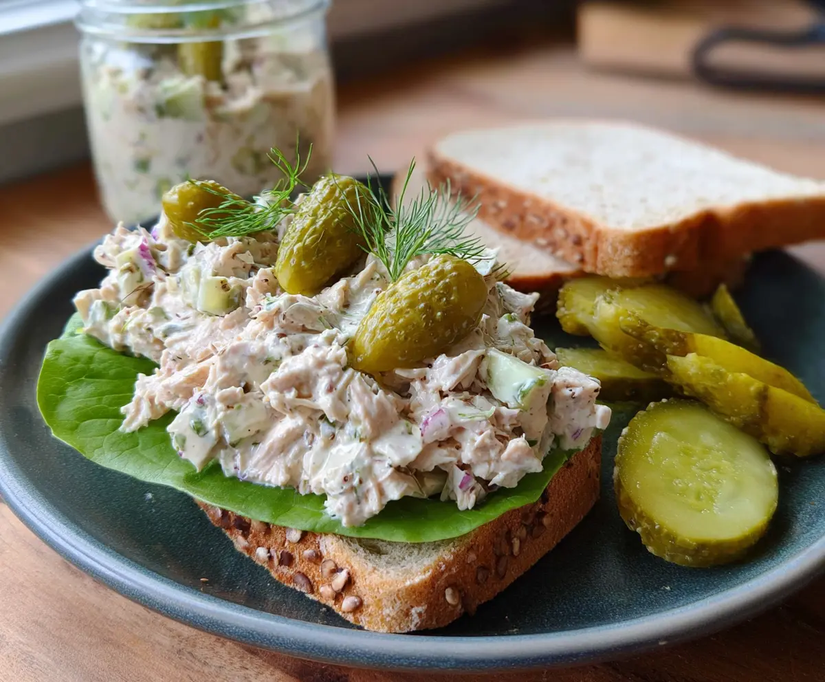 Fresh Dill Pickle Tuna Salad served in a bowl, highlighting its vibrant ingredients and savory flavor.