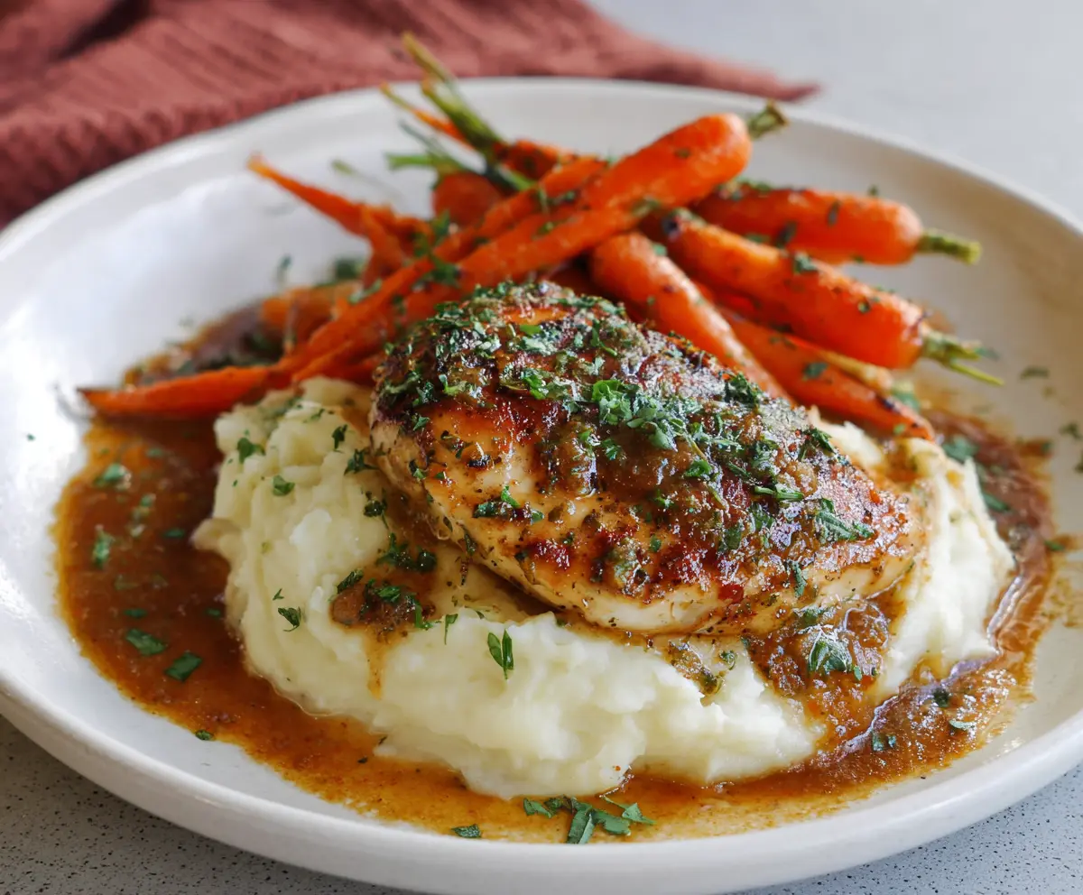 Delicious Garlic Herb Chicken served with creamy mashed potatoes and glazed carrots on a dinner plate.