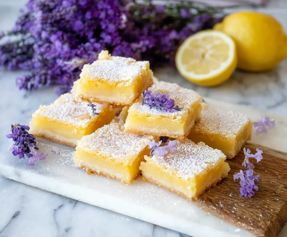 Delicious Lavender Lemon Bars with a zesty lemon glaze and lavender garnish on a rustic plate.