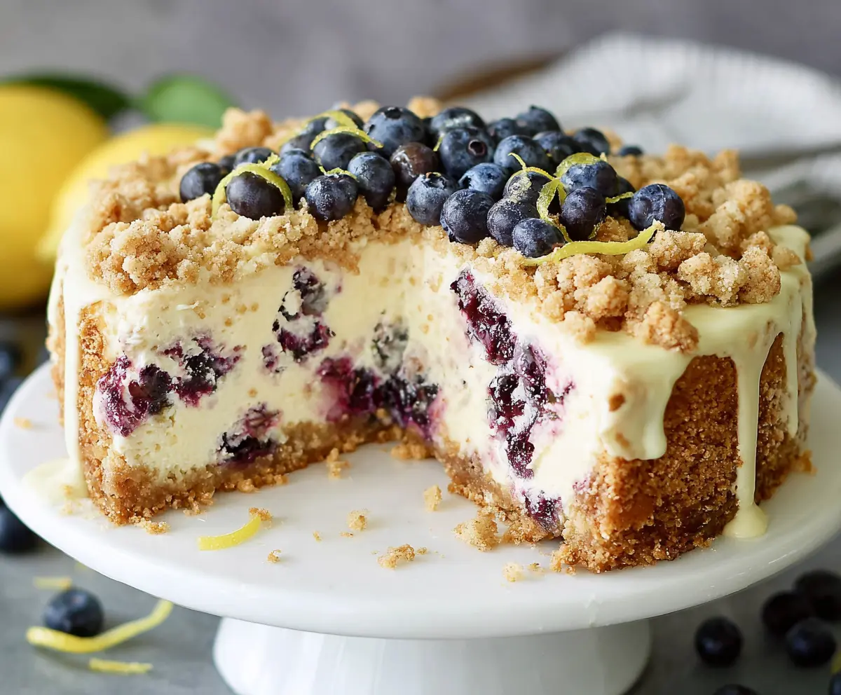 Delicious Lemon Blueberry Crumble Cheesecake topped with fresh blueberries and a lemon glaze.