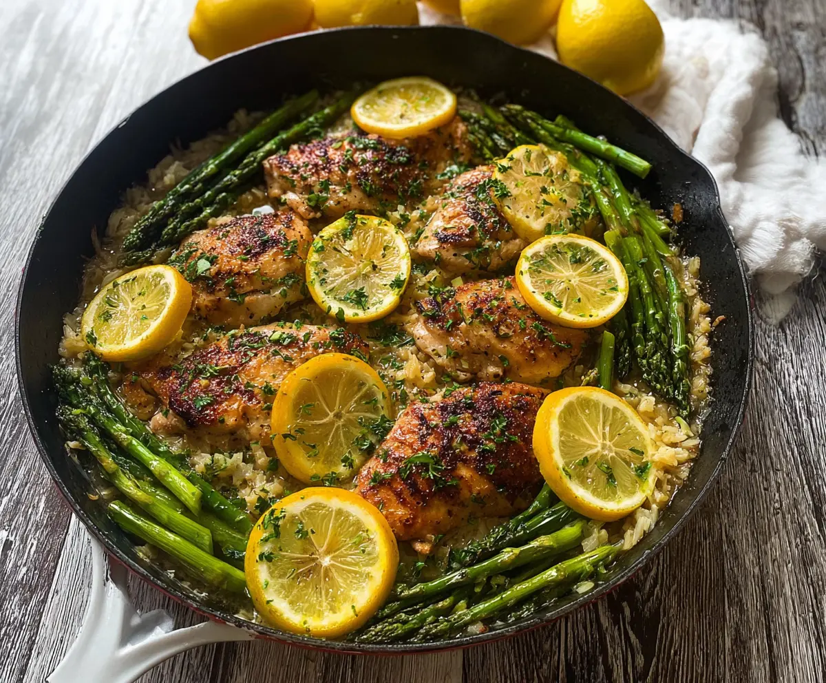 Delicious One Pan Lemon Herb Chicken with Fresh Asparagus on a plate