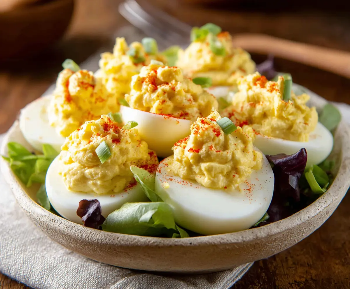 Close-up of a Salad Deviled Eggs platter with fresh greens and colorful toppings.