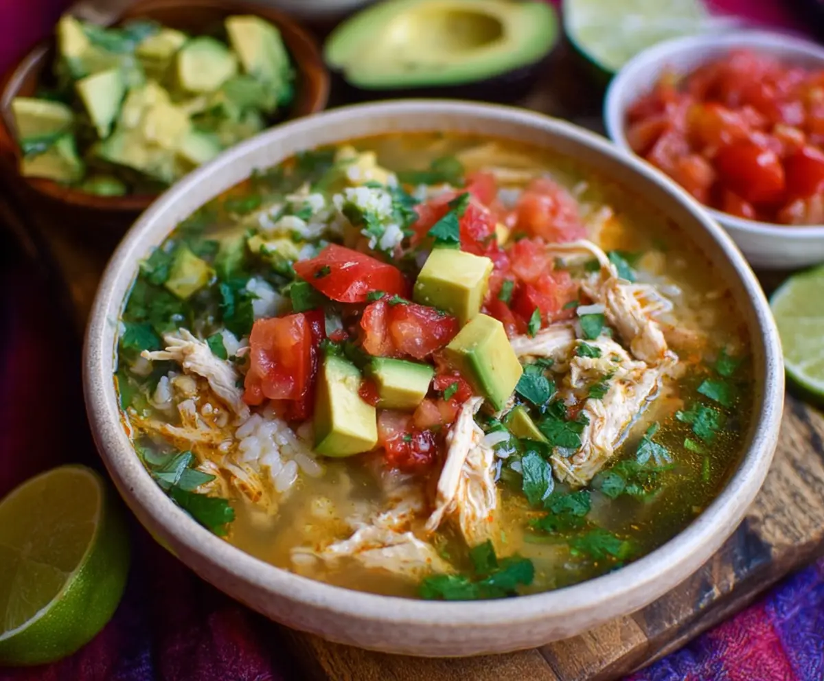 Delicious Slow Cooker Mexican Chicken Lime Soup in a bowl, garnished with fresh cilantro and lime wedges.