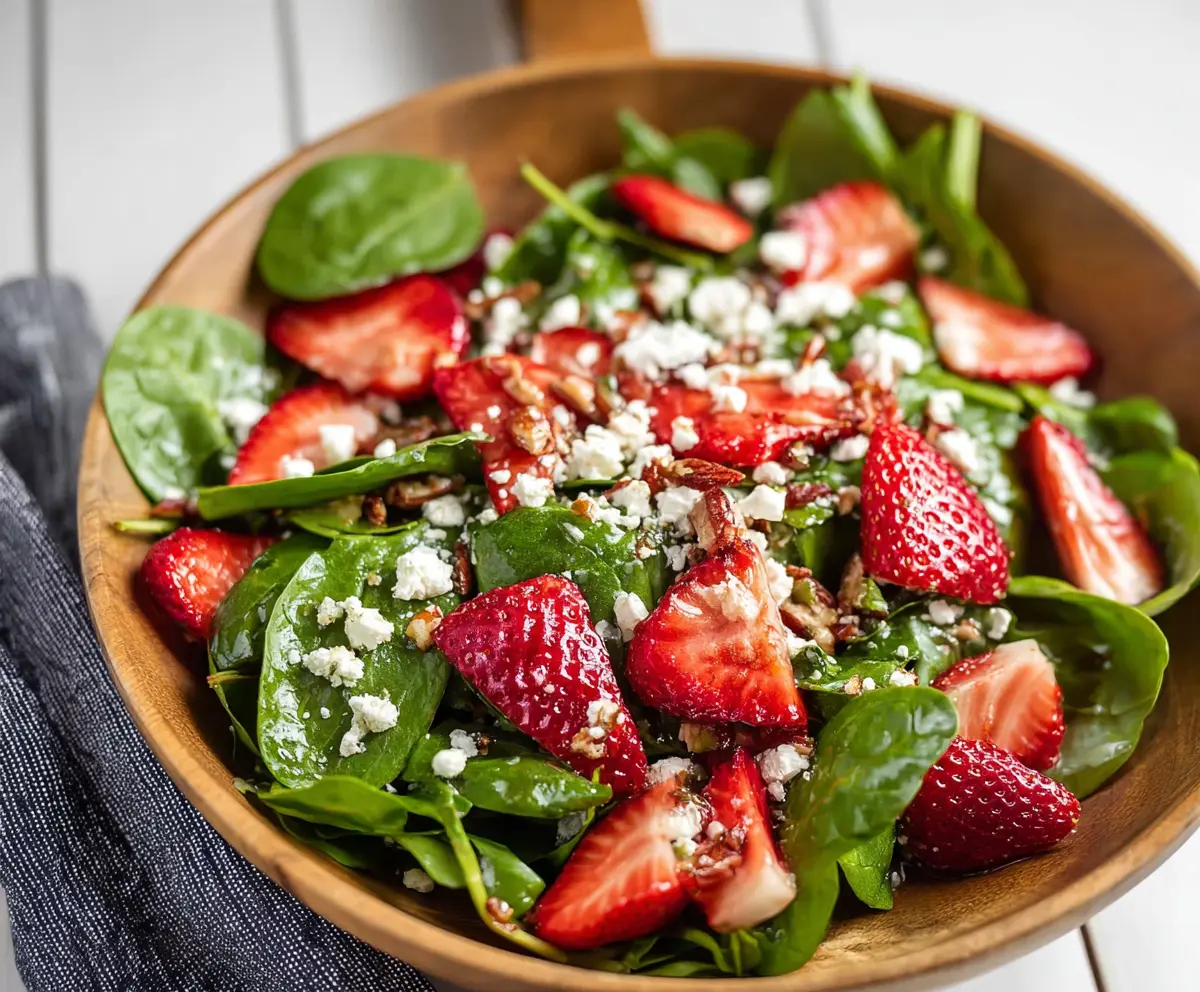 Fresh spinach and sweet strawberries in a healthy spinach strawberry salad.
