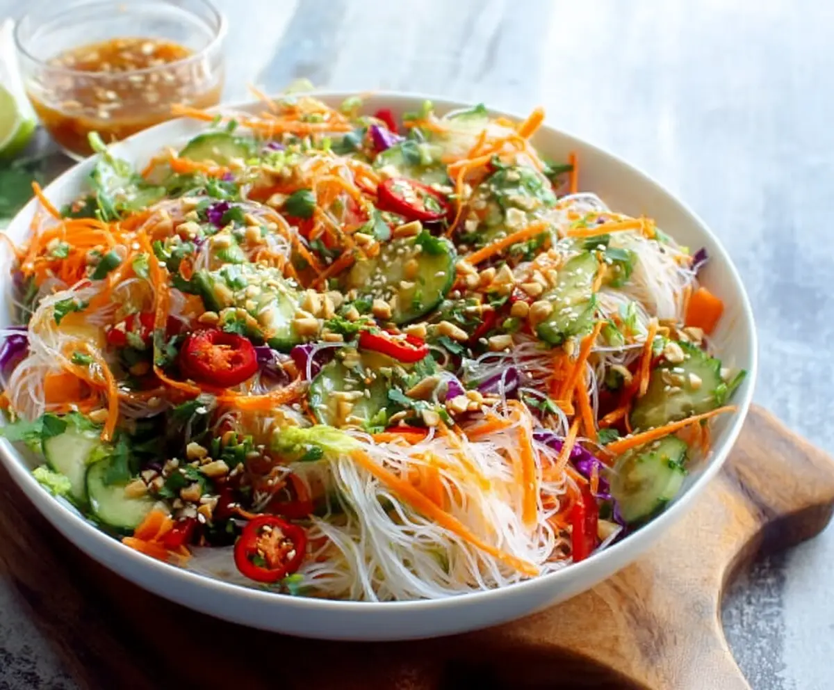 Colorful spring roll salad topped with fresh herbs and crunchy vegetables with spicy ginger dressing.
