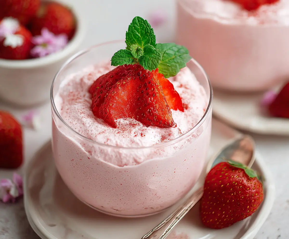 Delicious creamy strawberry mousse dessert served in a clear glass bowl for a delectable presentation