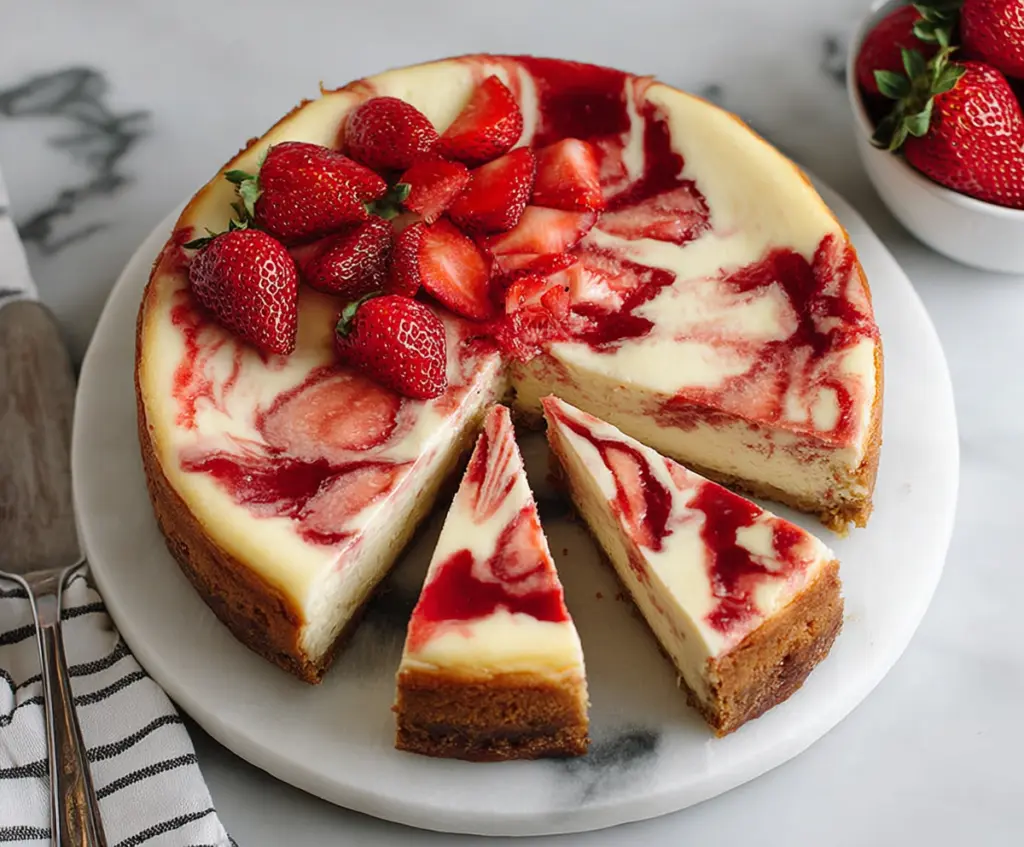 Delicious strawberry swirl cheesecake with a creamy texture and vibrant strawberry topping.