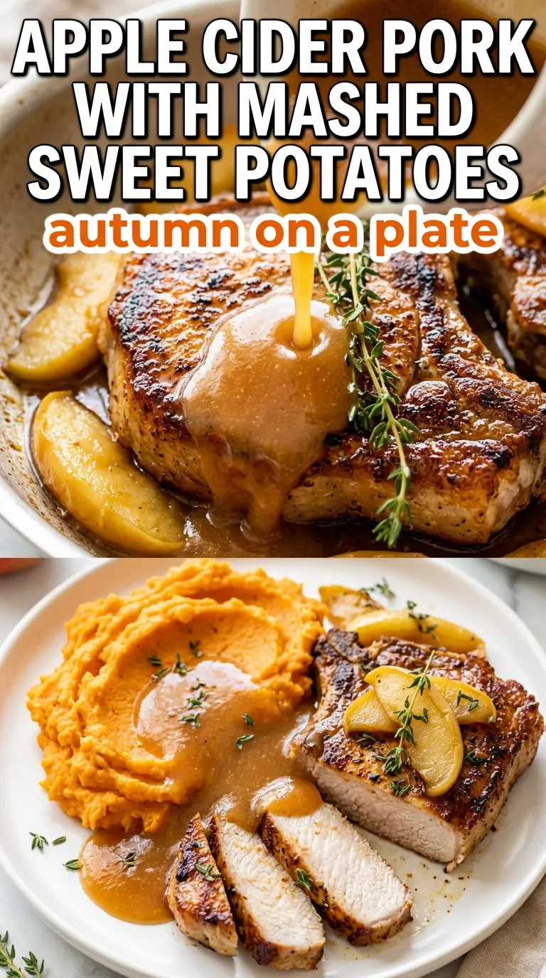 Apple Cider Pork with Mashed Sweet Potatoes, glossy amber sauce, tender slices