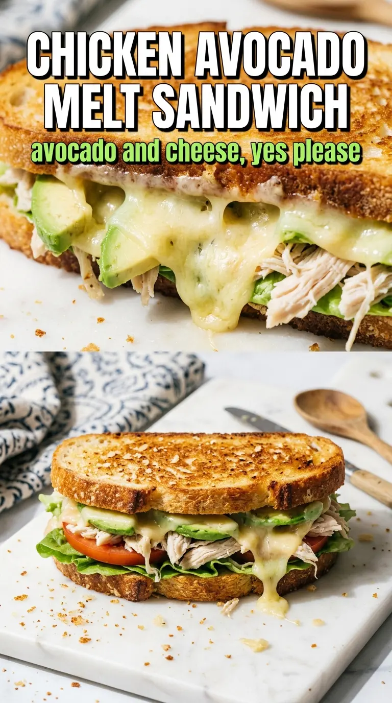 Chicken avocado melt sandwich, crispy toasted, cheesy, creamy