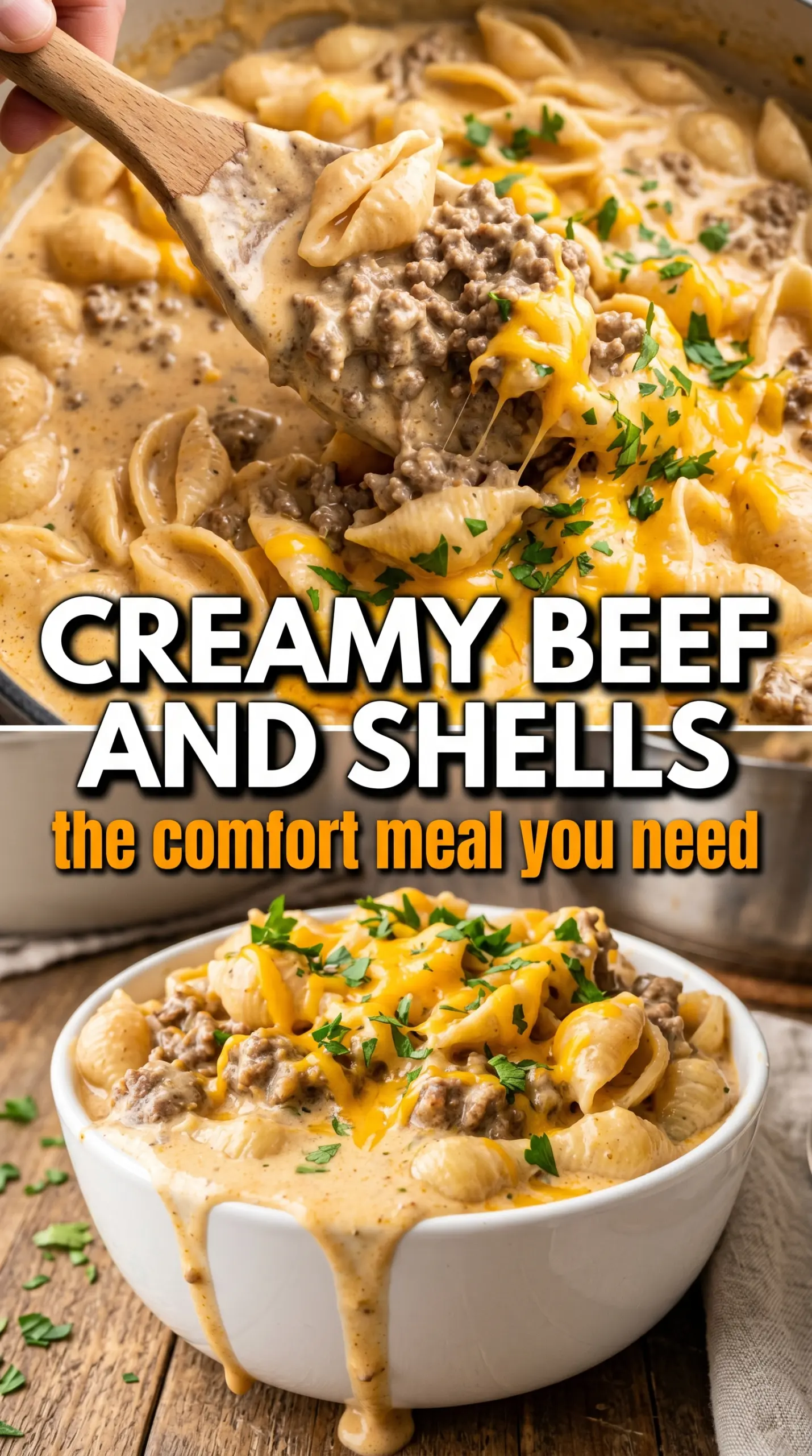 Creamy Beef and Shells cheesy pasta skillet