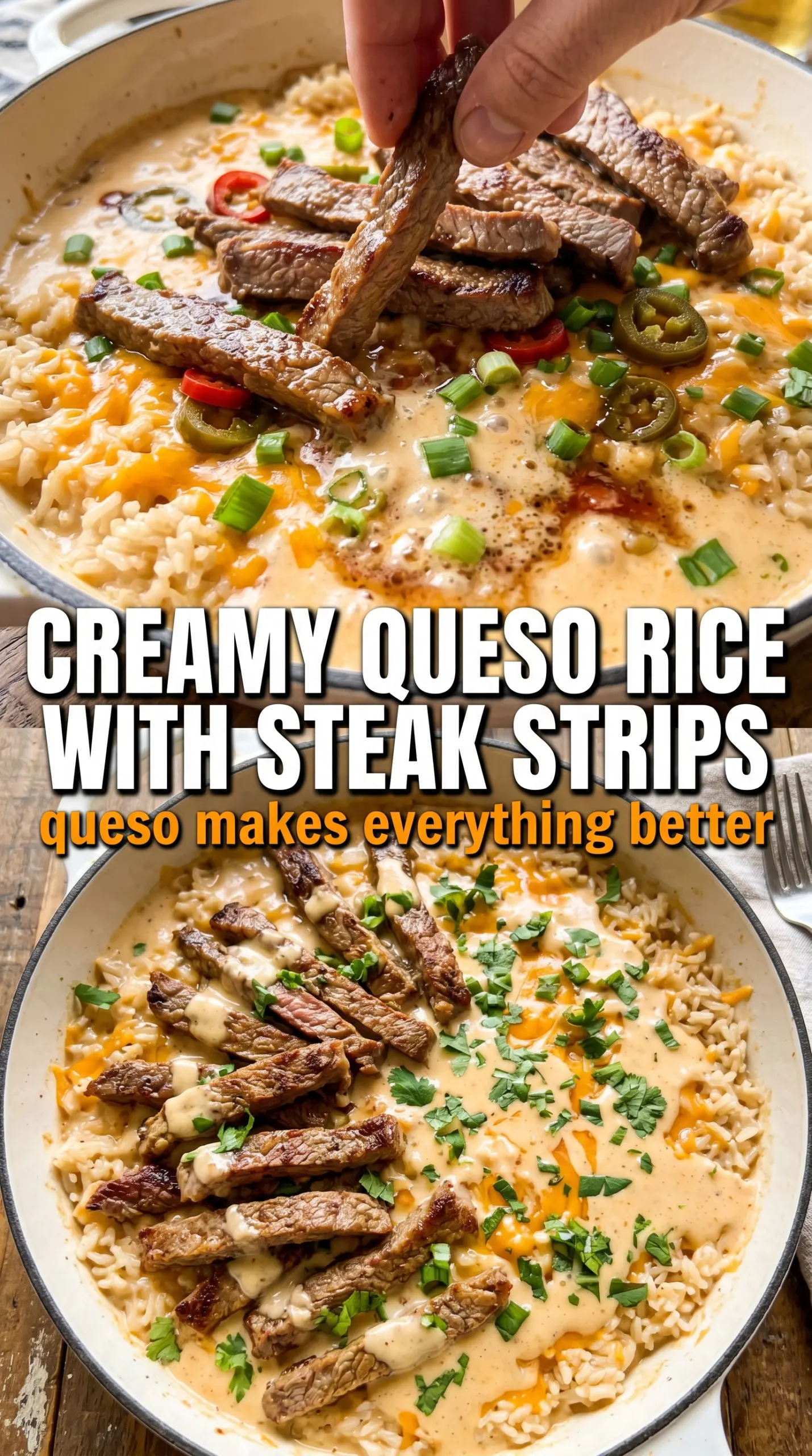Creamy queso rice with steak strips, cheesy, Tex-Mex, bowl