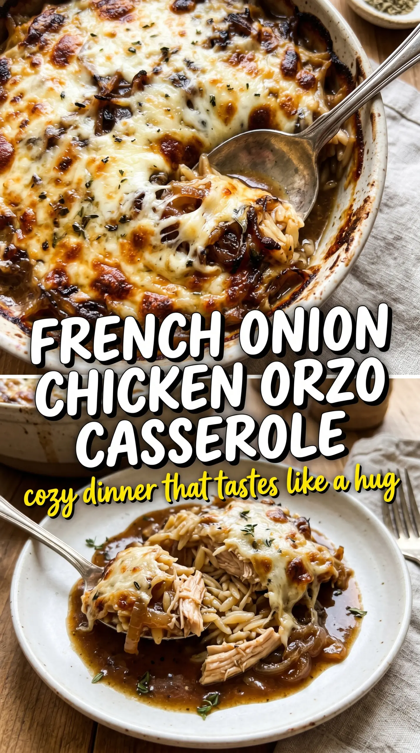 French Onion Chicken Orzo Casserole cheesy baked golden