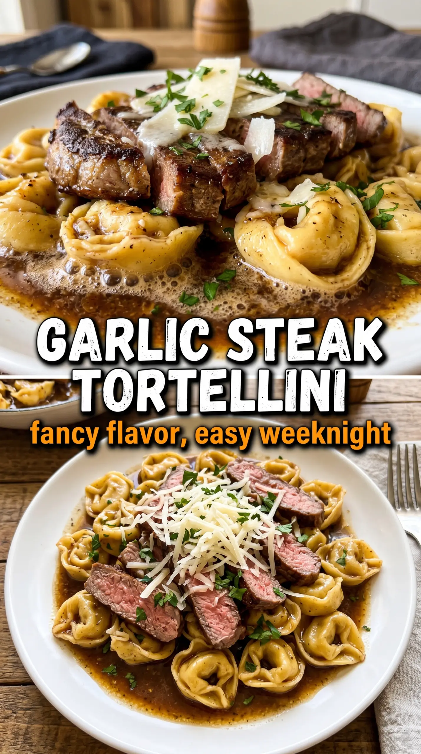 Garlic Steak Tortellini with seared steak, cheesy pasta, garlic butter
