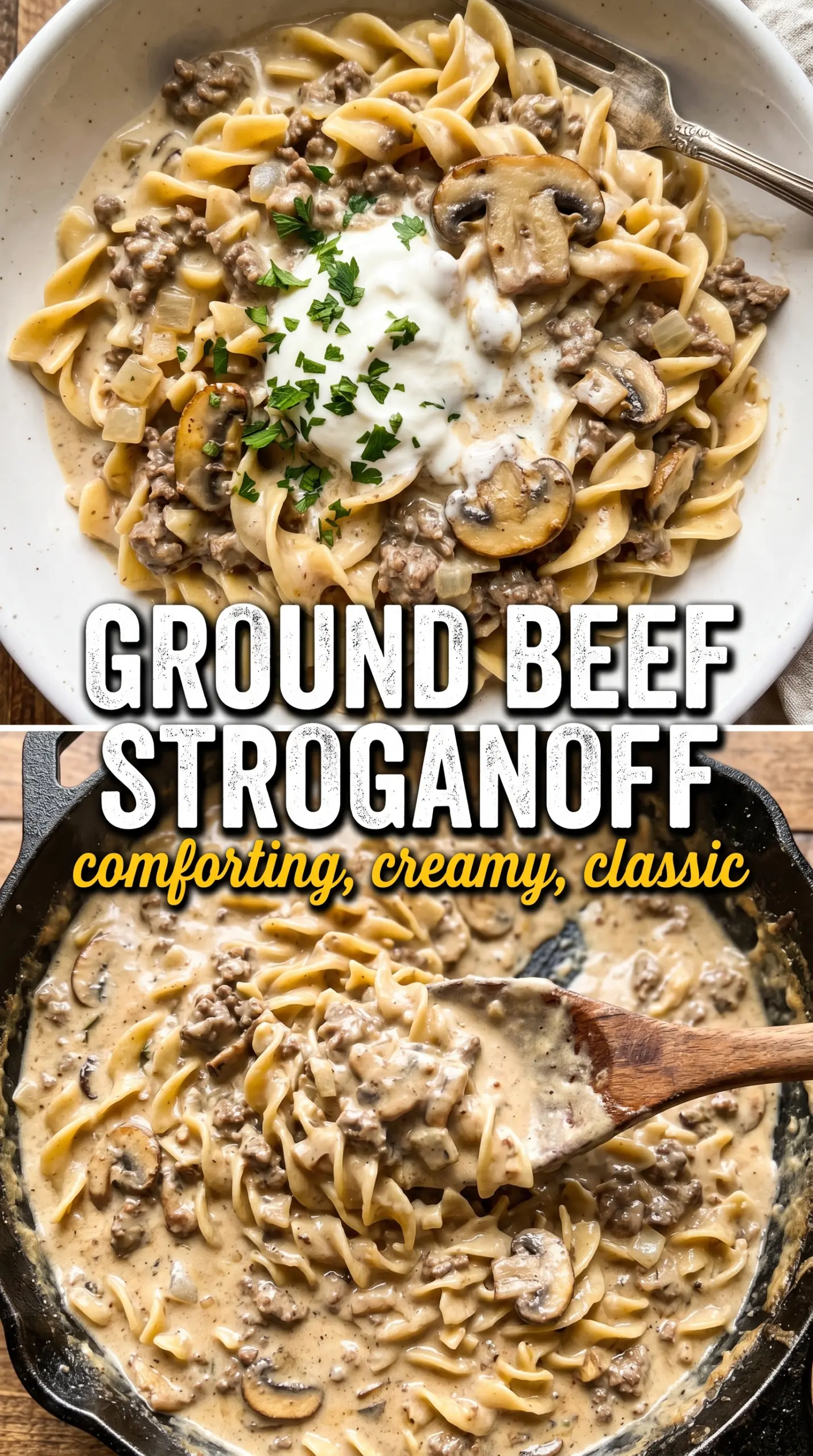 Creamy stroganoff with mushrooms and noodles