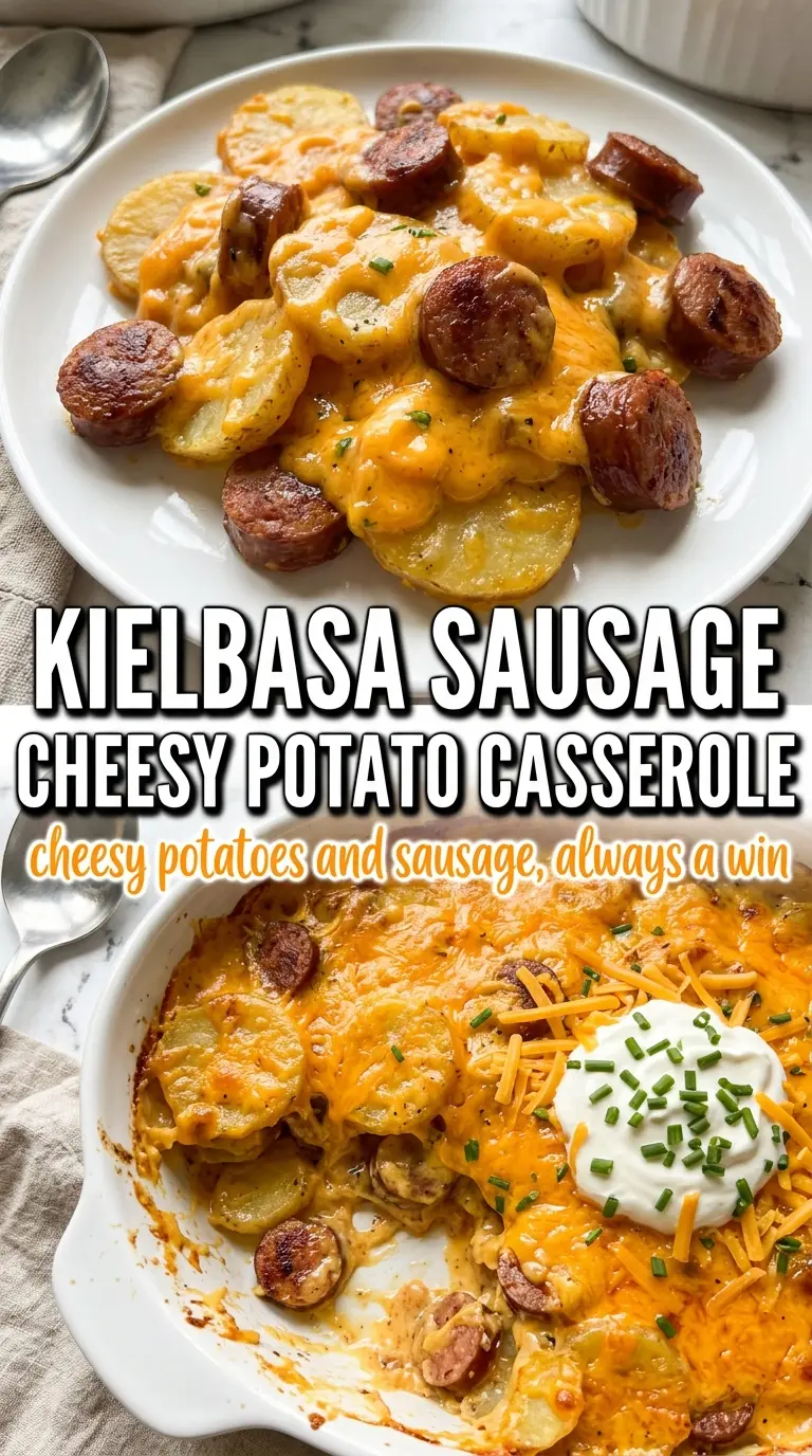 Kielbasa Sausage Cheesy Potato Casserole golden cheesy hearty