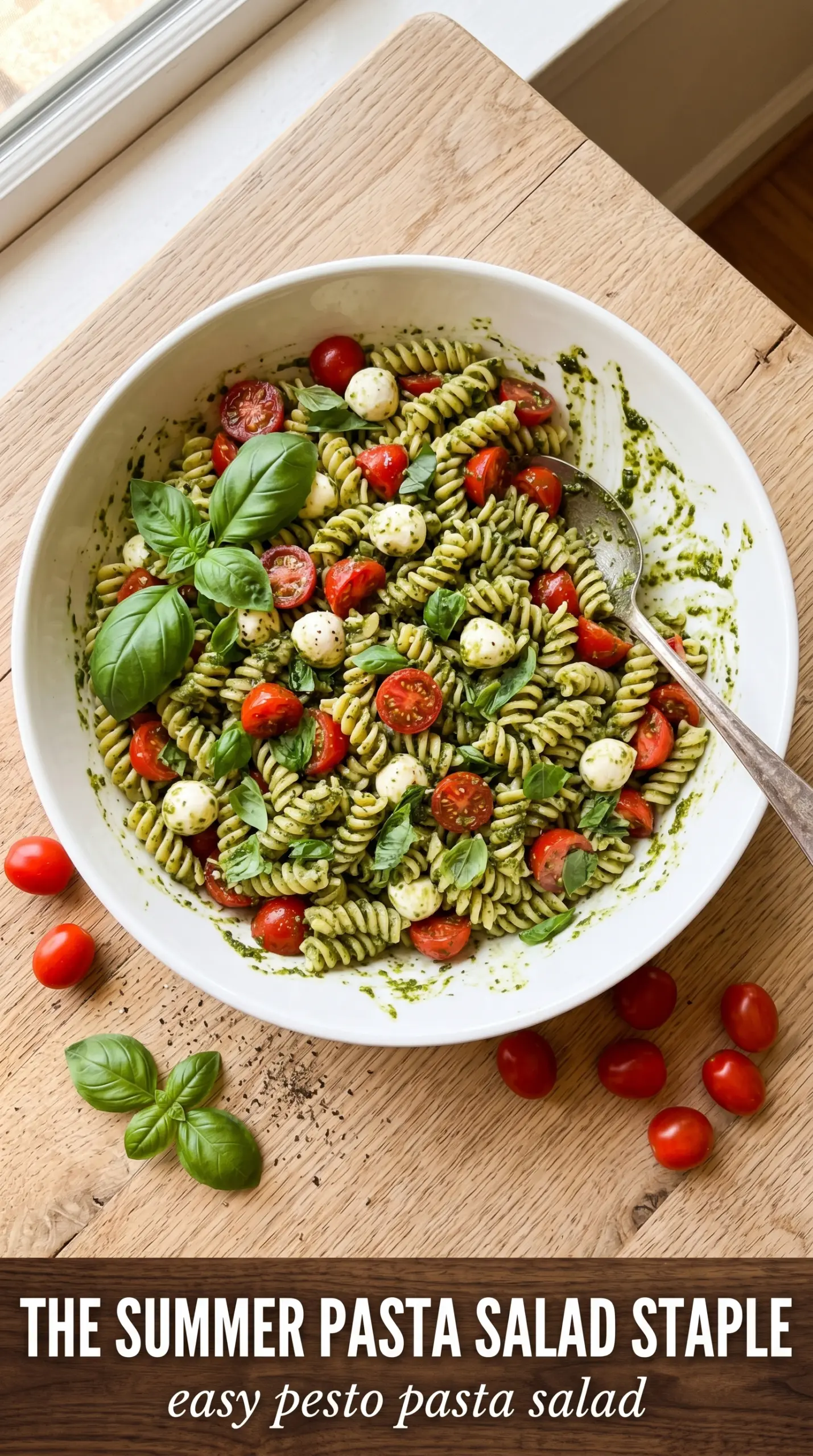 Pesto Pasta Salad basil tomatoes mozzarella