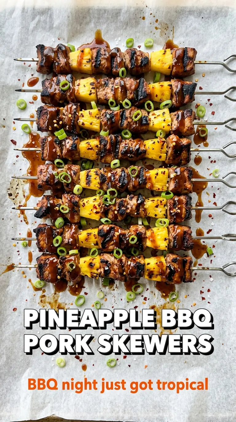Pineapple BBQ Pork Skewers charred sticky