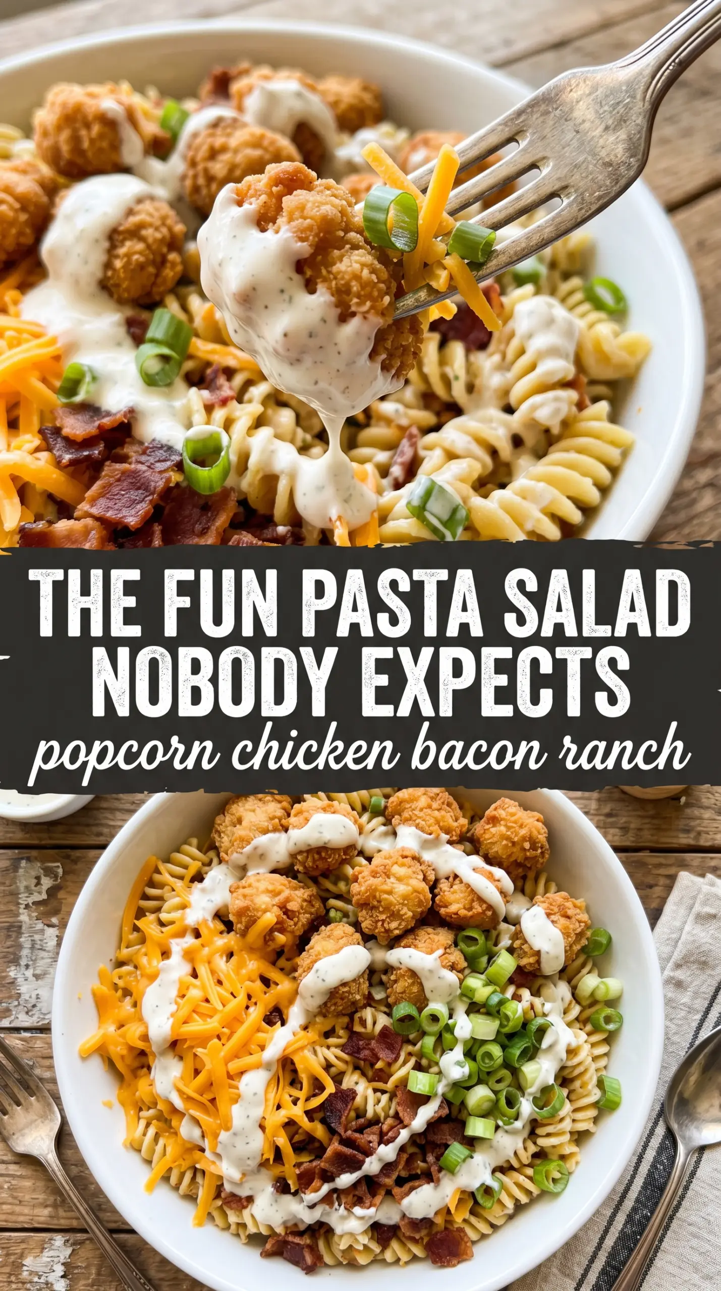 Popcorn Chicken Bacon Ranch Pasta Salad crispy ranch-loaded