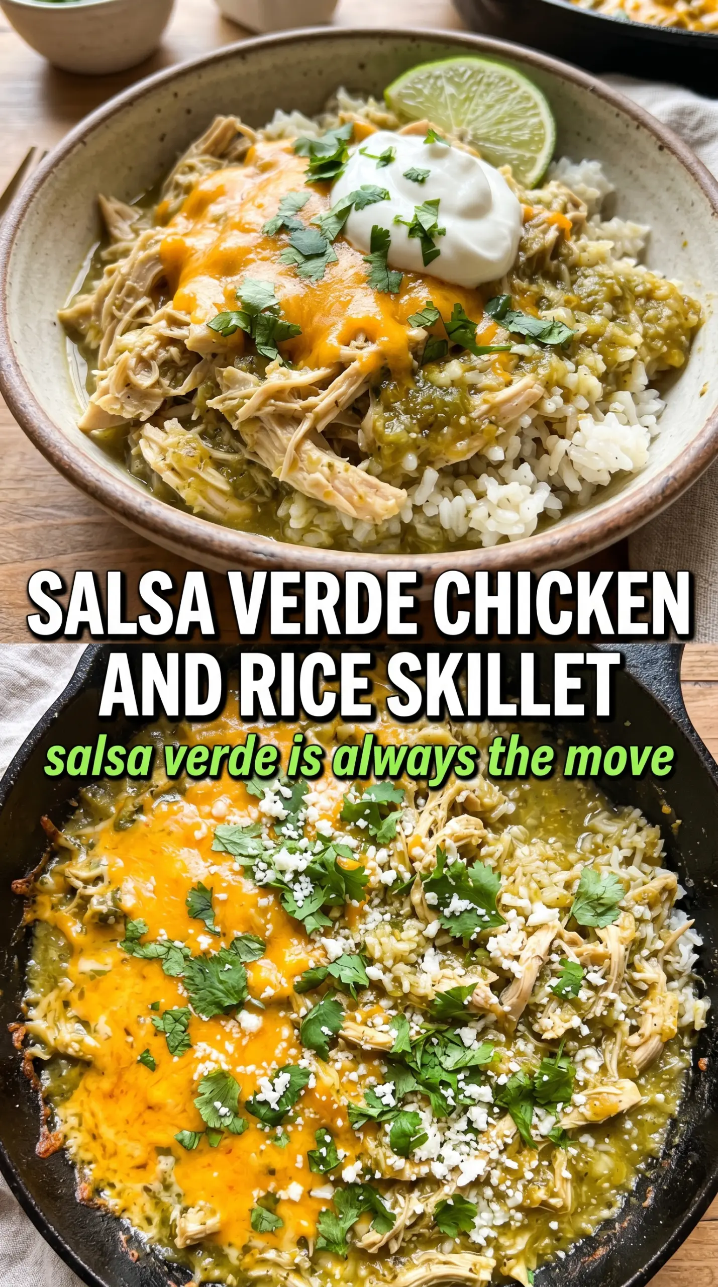 Salsa Verde Chicken and Rice Skillet, cheesy, one-pan