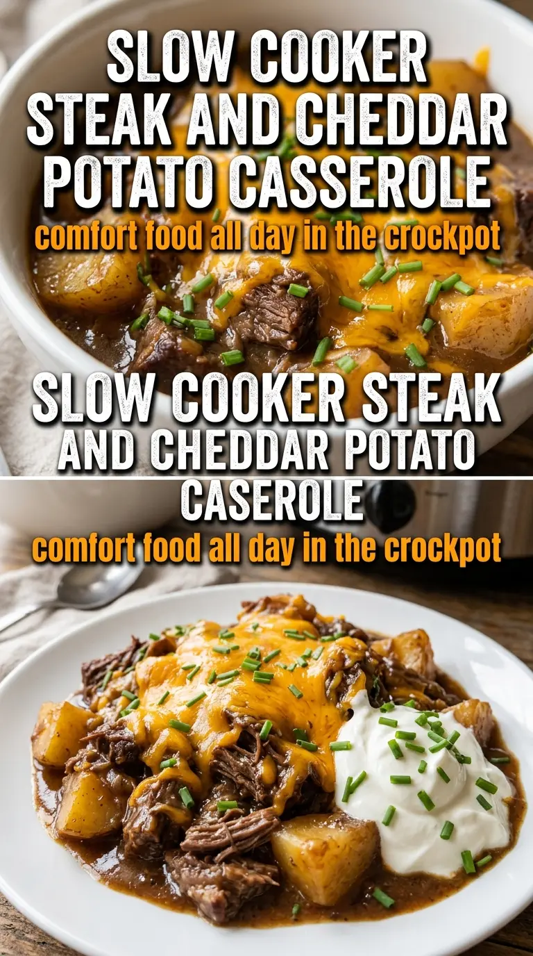Slow Cooker Steak and Cheddar Potato Casserole cheesy potatoes tender steak