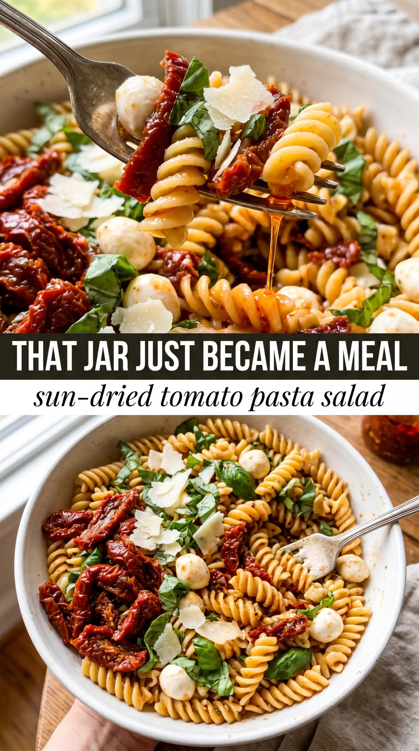 Sun-Dried Tomato Pasta Salad with feta, olives, and spinach