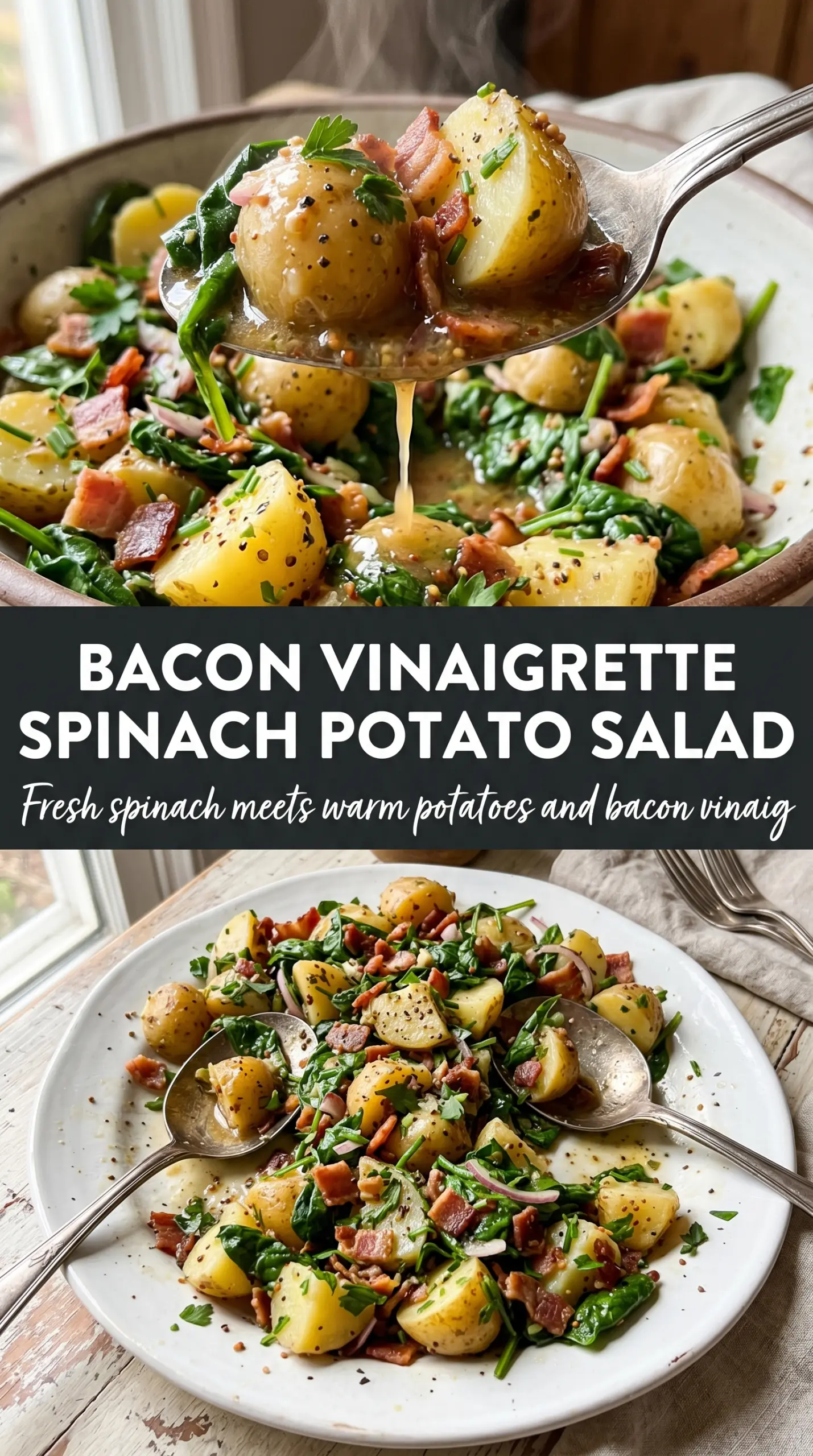 Warm Spinach Potato Salad with Bacon Vinaigrette, smoky, wilted, hearty