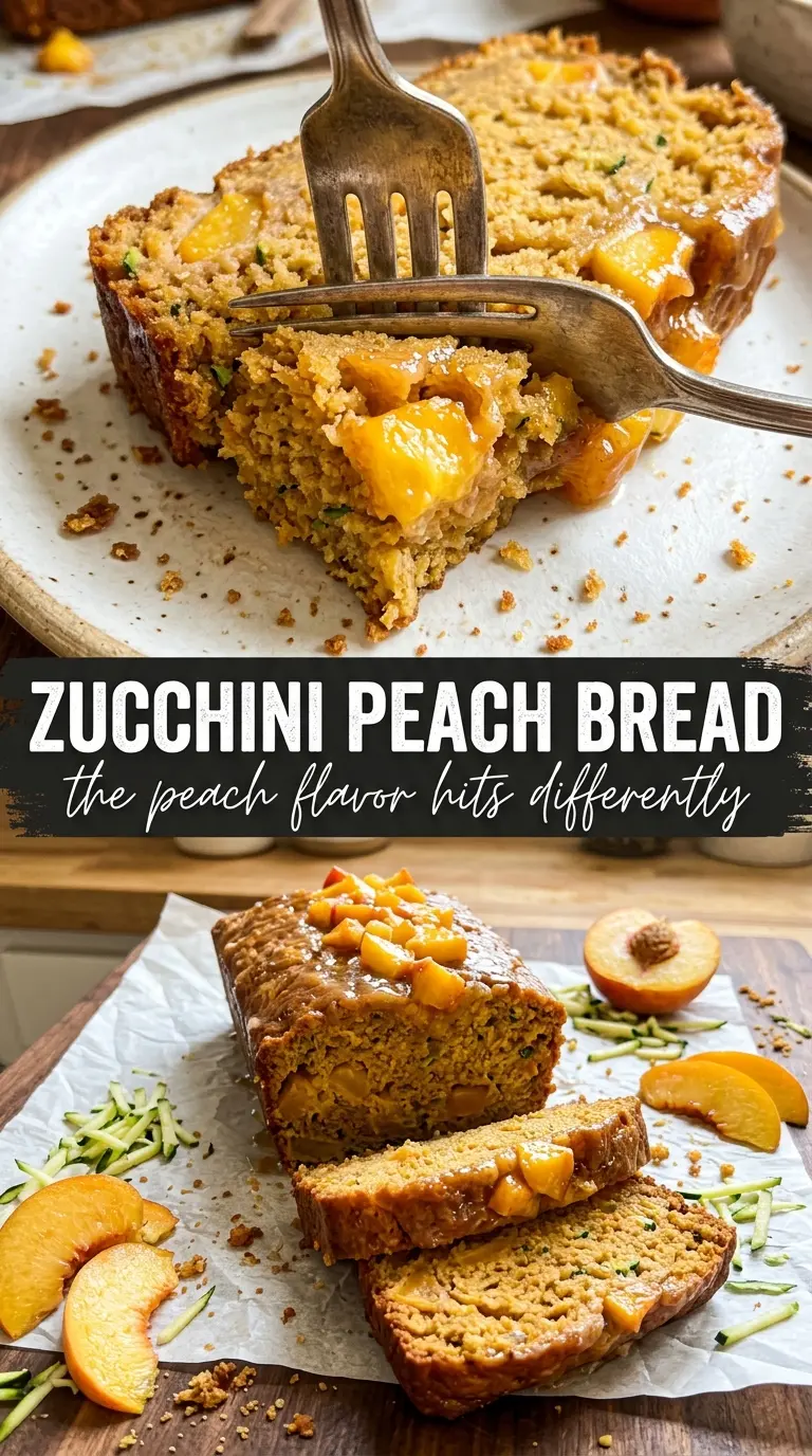 Zucchini peach bread golden crumb, fruity quick bread, cinnamon sugar