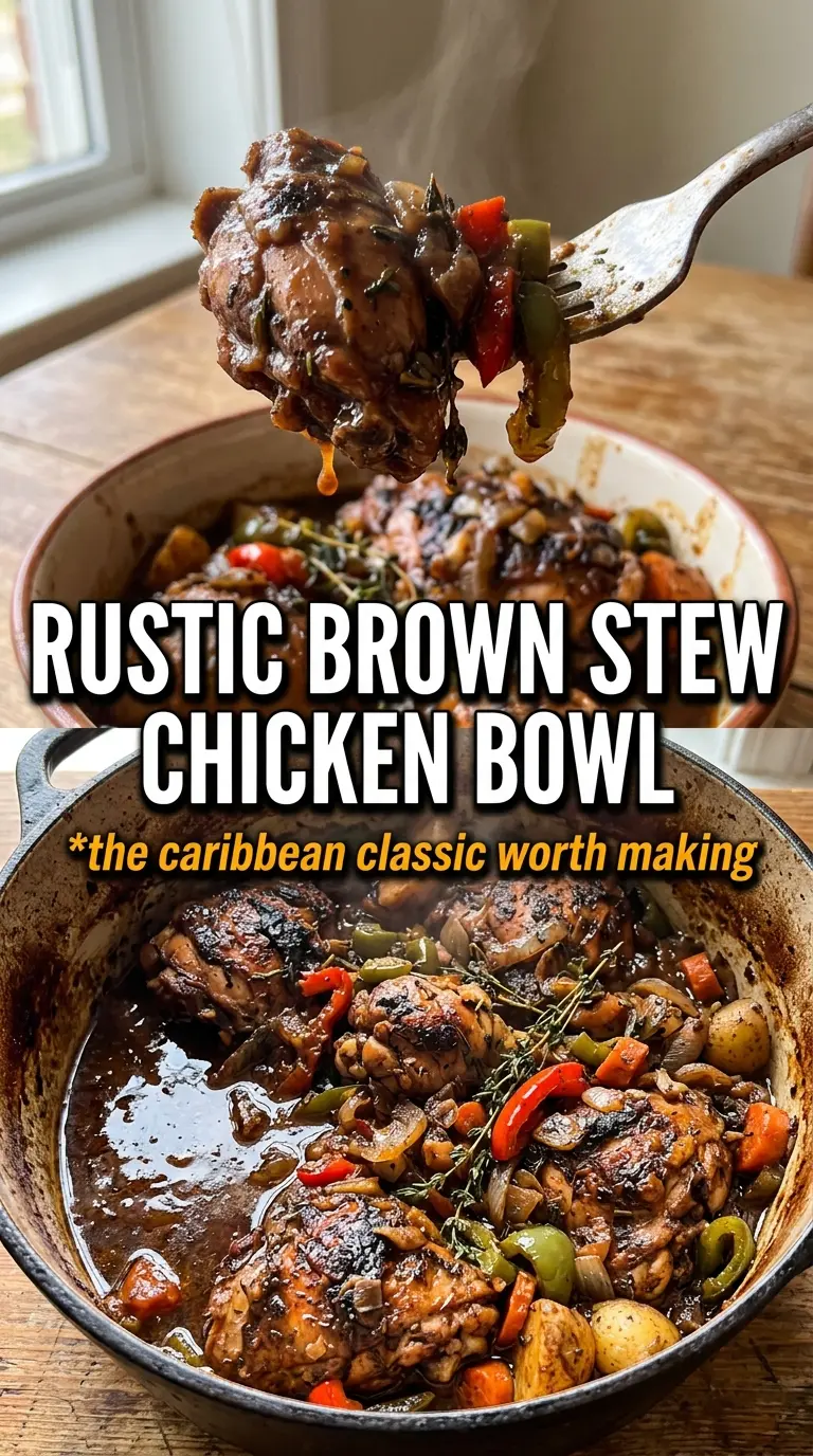Brown Stew Chicken deep mahogany gravy, tender chicken, Jamaican-spiced